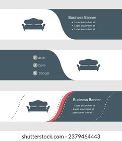 Set of blue grey banner, horizontal business banner templates. Banners with template for text and sofa symbol. Classic and modern style. Vector illustration on grey background