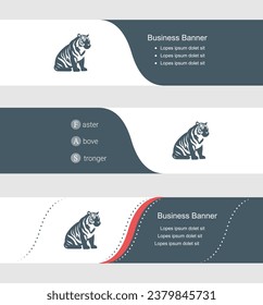 Set of blue grey banner, horizontal business banner templates. Banners with template for text and sitting tiger symbol. Classic and modern style. Vector illustration on grey background