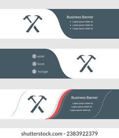 Set of blue grey banner, horizontal business banner templates. Banners with template for text and crossed hammers symbol. Classic and modern style. Vector illustration on grey background