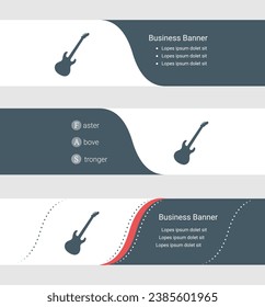 Set of blue grey banner, horizontal business banner templates. Banners with template for text and guitar symbol. Classic and modern style. Vector illustration on grey background