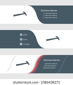 Set of blue grey banner, horizontal business banner templates. Banners with template for text and hammer symbol. Classic and modern style. Vector illustration on grey background