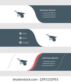 Set of blue grey banner, horizontal business banner templates. Banners with template for text and garden wheelbarrow symbol. Classic and modern style. Vector illustration on grey background