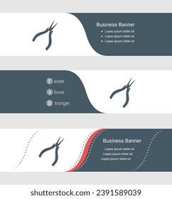 Conjunto de banner gris azul, plantillas horizontales de banner comercial. Banners con plantilla para el símbolo de alicates redondos y de texto. Clásica y moderna. Ilustración del vector sobre fondo gris