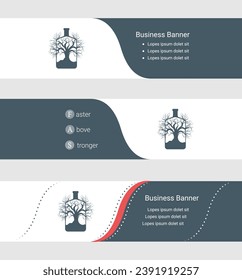 Set of blue grey banner, horizontal business banner templates. Banners with template for text and mystical tree in bottle symbol. Classic and modern style. Vector illustration on grey background