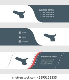 Set of blue grey banner, horizontal business banner templates. Banners with template for text and angle grinder symbol. Classic and modern style. Vector illustration on grey background
