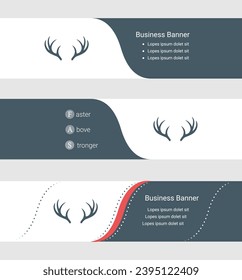 Set von blauen grauen Bannern, horizontalen Business-Banner-Vorlagen. Banner mit Vorlage für Text- und Hirschhörner-Symbol. Klassischer und moderner Stil. Vektorgrafik auf grauem Hintergrund