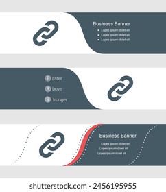 Set of blue grey banner, horizontal business banner templates. Banners with template for text and chain symbol. Classic and modern style. Vector illustration on grey background