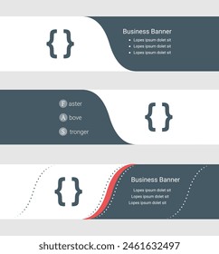 Set of blue grey banner, horizontal business banner templates. Banners with template for text and curly brackets symbol. Classic and modern style. Vector illustration on grey background