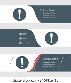 Set of blue grey banner, horizontal business banner templates. Banners with template for text and attention symbol. Classic and modern style. Vector illustration on grey background