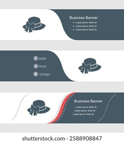 Set of blue grey banner, horizontal business banner templates. Banners with template for text and women's hat symbol. Classic and modern style. Vector illustration on grey background