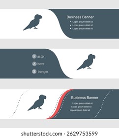 Set of blue grey banner, horizontal business banner templates. Banners with template for text and parrot symbol. Classic and modern style. Vector illustration on grey background