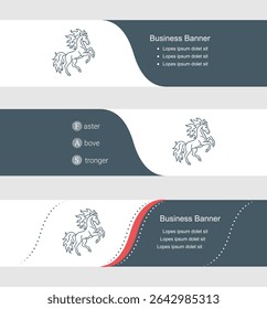 Set of blue grey banner, horizontal business banner templates. Banners with template for text and fiery horse symbol. Classic and modern style. Vector illustration on grey background