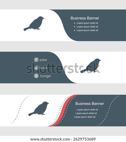 Set of blue grey banner, horizontal business banner templates. Banners with template for text and bird sparrow symbol. Classic and modern style. Vector illustration on grey background