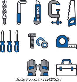 Set of blue and grey construction and repair hand tool including drill bit, wrench, utility knife, clamp, saw, screwdriver, bolt, tape