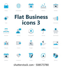 Set of blue and grey flat business icons isolated on light background.