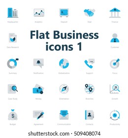 Set of blue and grey flat business icons isolated on light background.