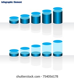 Set of blue growing cylindrical diagrams. Business data, colorful elements for infographics. For presentation design, annual report. Concept of realization and introduction of idea. Vector