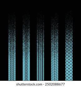 Set of blue grunge tire track silhouettes isolated on black background