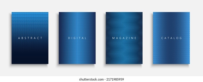 Set of blue halftone covers, templates, backgrounds, placards, brochures, banners, flyers and etc. Abstract minimalistic dotted posters, cards, presentations. Digital technology design