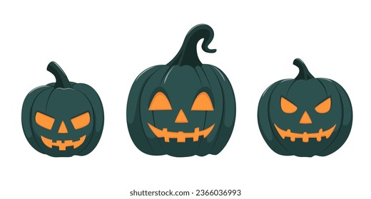 Set of blue Halloween smiling pumpkin. Template for autumn decorative design. Cartoon flat style. Isolated vector illustration 