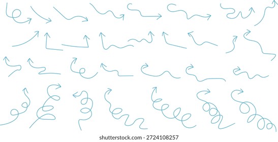 Set of blue hand drawn arrows isolated on white background.