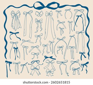 Set of blue hand drawn bows. Vintage line art ribbon gift. Cute coquette wedding trendy bow sketch. Vector outline illustration