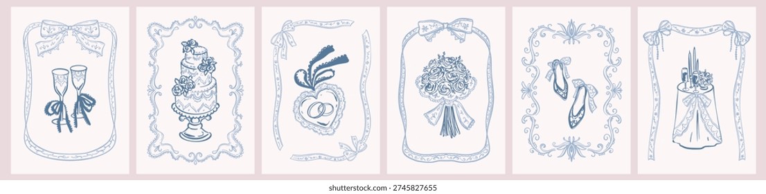 Set of blue hand drawn crayon doodle wedding invitations, greeting cards, posters. Celebration dinner table. Crochet whimsical lace coquettish frames with ribbon bows, wedding birthday cake, champagne