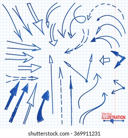Set of Blue Hand Drawn Pencil Arrows on Squared Paper Background. Vector illustration.