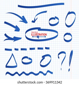 Set of Blue Hand Drawn Pencil Arrows. Circle, Oval, Square, on Squared Paper Background. Vector illustration.