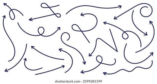 Set of Blue Hand drawn vector arrows doodle on white background. Hand drawn brush vector arrows. Hand drawn organic arrow set. Direction pointers. Scribbles and scrawls.