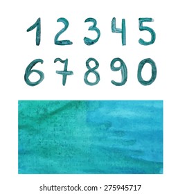 Set of blue hand drawn watercolor numbers with blue watercolor texture. Isolated. Vector. 