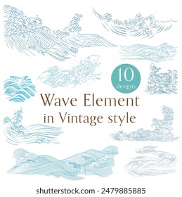 Set of blue hand drawn wave elements vector. Natural art background with Japanese ocean sea icon and symbol in vintage style