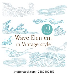 Set of blue hand drawn wave elements vector. Natural art background with Japanese ocean sea icon and symbol in vintage style
