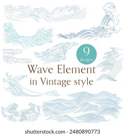 Set of blue hand drawn wave elements vector. Natural art background with Japanese ocean sea icon and symbol in vintage style