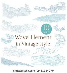 Set of blue hand drawn wave elements vector. Natural art background with Japanese ocean sea icon and symbol in vintage style. 
