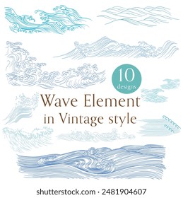 Set of blue hand drawn wave elements vector. Natural art background with Japanese ocean sea icon and symbol in vintage style