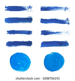 Set of blue hand paint, round shapes, stripes, ink brush strokes, hand painted circles, brushes, lines isolated on white background

