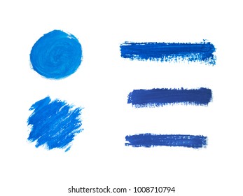 Set of blue hand paint, round shapes, stripes, ink brush strokes, hand painted circles, brushes, lines isolated on white background
