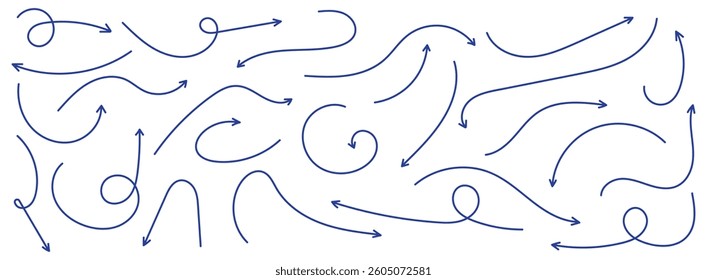 Set of blue hand-drawn arrow signs or symbols. Blue hand drawn arrow doodles. Blue hand drawn arrow elements. Blue Arrow design.