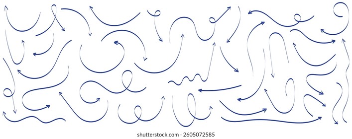 Set of blue hand-drawn arrow signs or symbols. Blue hand drawn arrow doodles. Blue hand drawn arrow elements. Blue Arrow design.