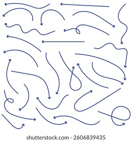 Set of blue hand-drawn arrow signs or symbols. Blue hand drawn arrow doodles. Blue hand drawn arrow elements. Blue Arrow design