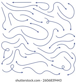 Set of blue hand-drawn arrow signs or symbols. Blue hand drawn arrow doodles. Blue hand drawn arrow elements. Blue Arrow design