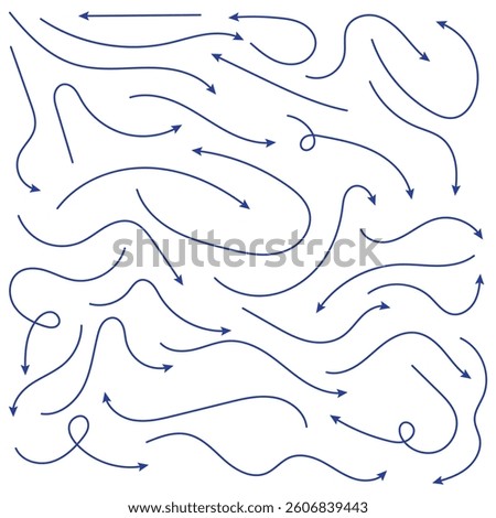 Set of blue hand-drawn arrow signs or symbols. Blue hand drawn arrow doodles. Blue hand drawn arrow elements. Blue Arrow design