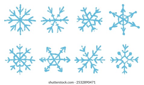 Conjunto de copos de nieve dibujados a mano azul con textura de crayón, tiza o pastel. Ilustración vectorial de los niños en un fondo blanco.