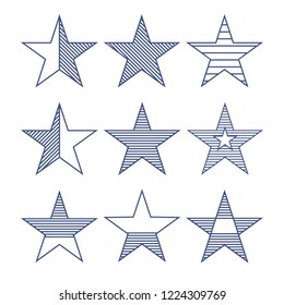Set of blue hand-drawn vector stars in abstract style on white background. Can be used as a template, icon or a separate item.