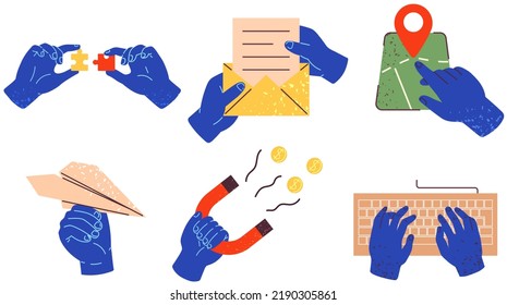 Set Of Blue Hands Holding Different Stuff. Human Palms With Tools And Objects. Miscellaneous Signs And Symbols Of Information And Data Entry. Attributes, Devices, Instrument, Subjects In Hands