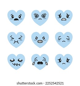 Set of blue Hearts with Kawaii Emotions. Isolated Hearts Icons on white background. Vector illustration.