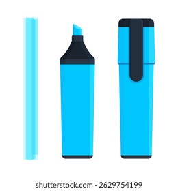 Set of blue highlighter marker pen with flat tip, stroke line, uncapped and capped version. Stationery, school and office supply. Flat vector illustration isolated on white background