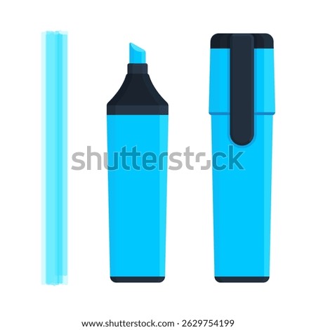 Set of blue highlighter marker pen with flat tip, stroke line, uncapped and capped version. Stationery, school and office supply. Flat vector illustration isolated on white background