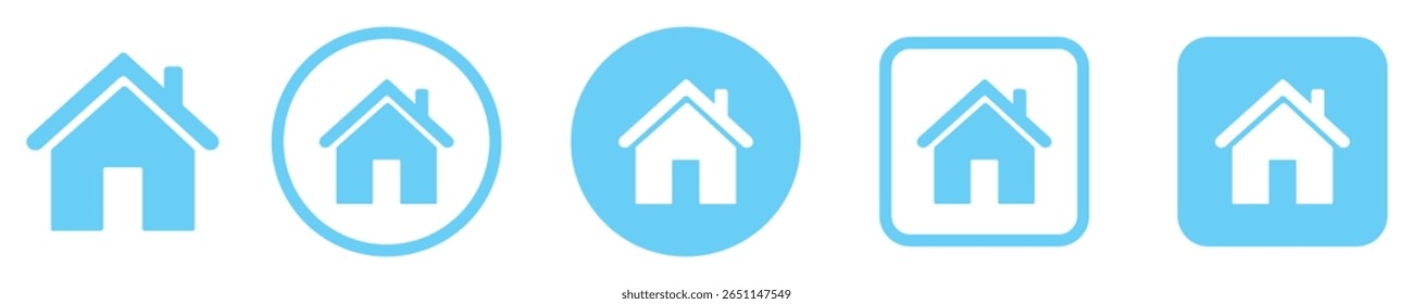Set of blue home icons in various styles. Solid, outline, round and square formats. Ideal for design, real estate apps, dashboards, websites, and mobile navigation. Isolated vector illustration.